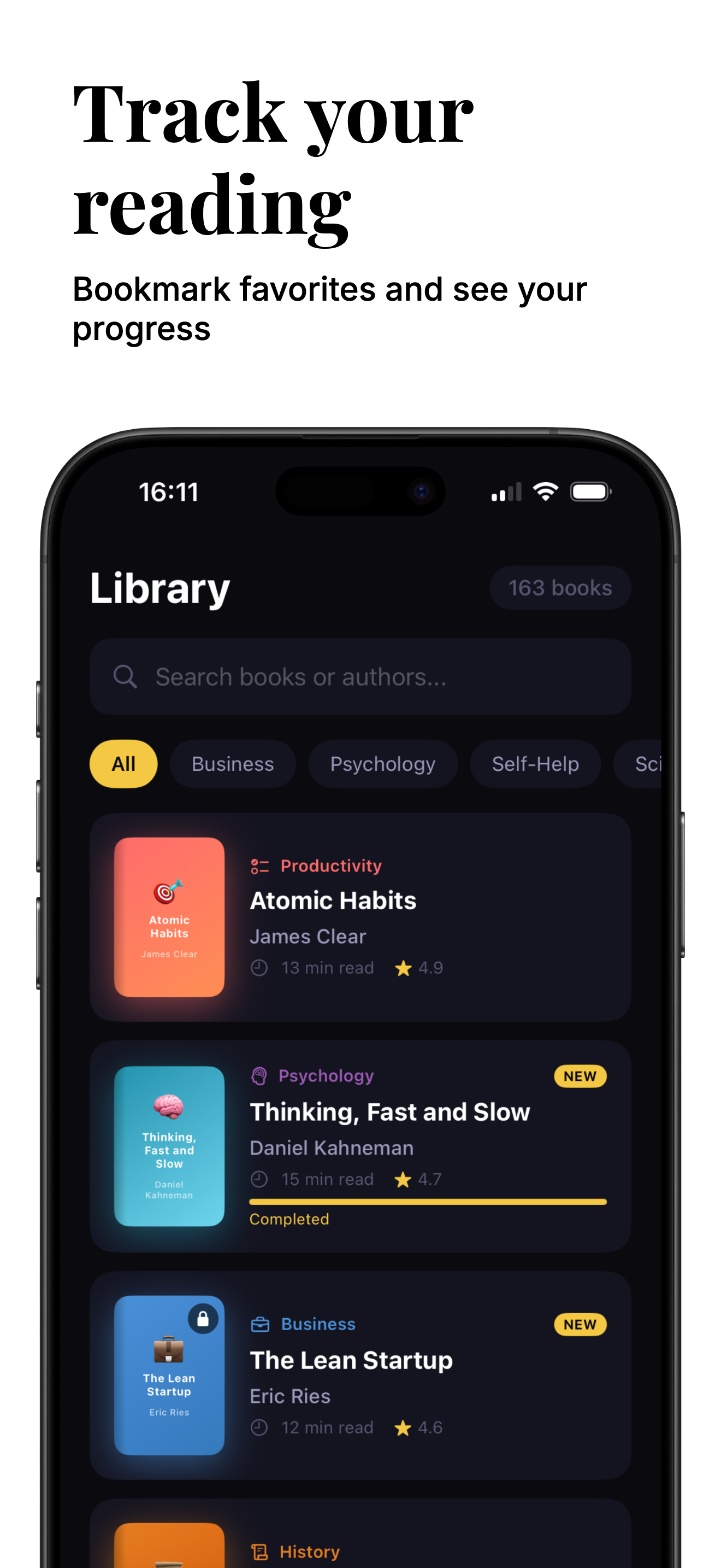 Track your reading — full library with search and filters