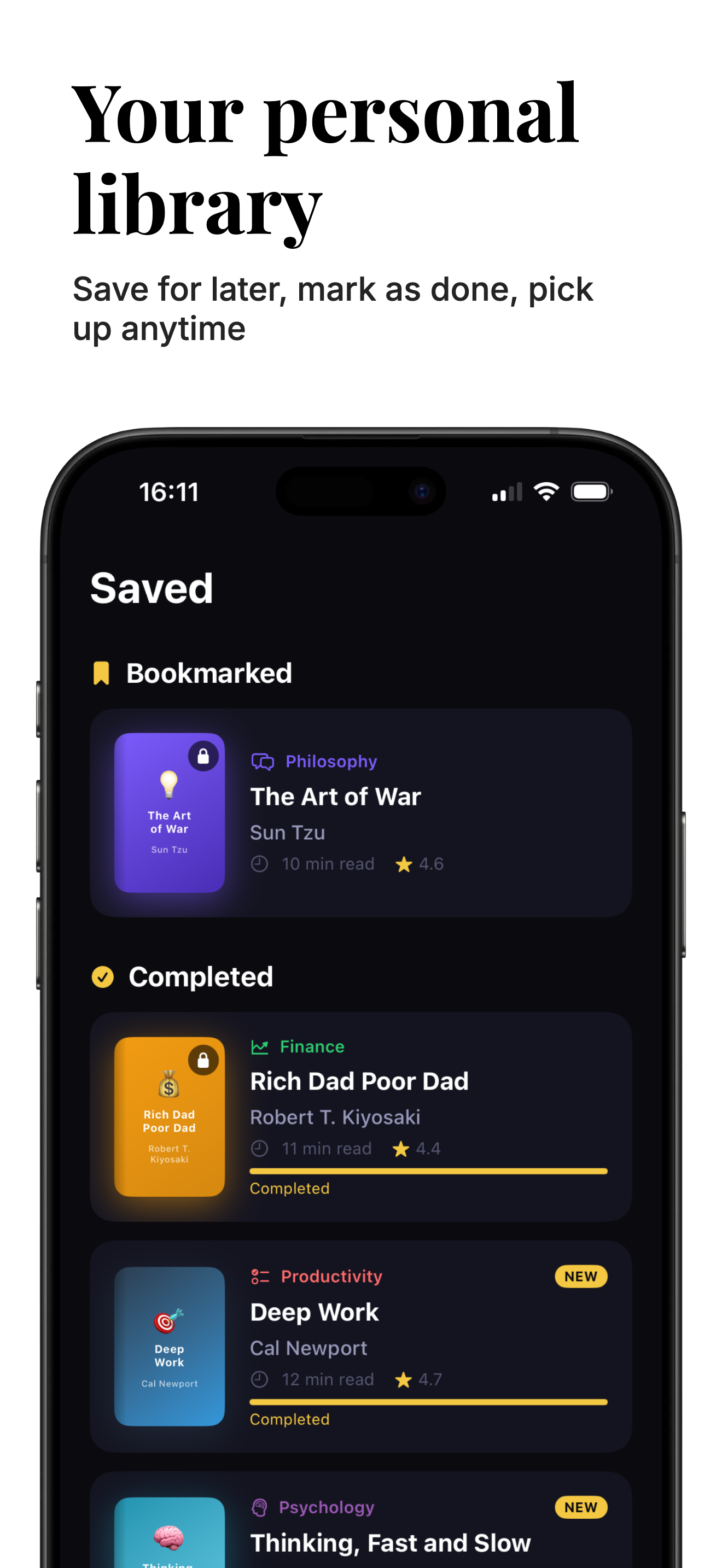 Your personal library — saved and completed books